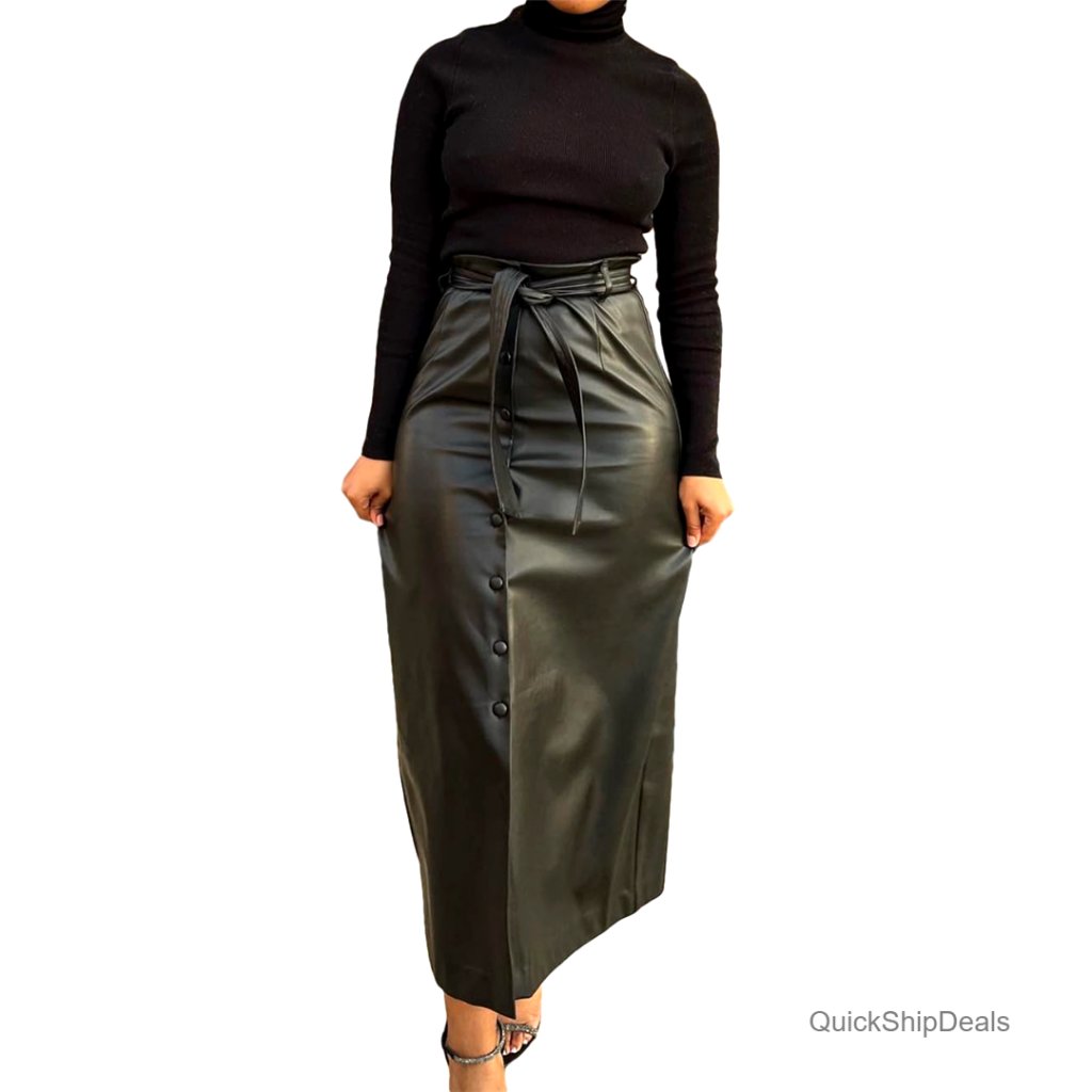 Faux Leather Maxi Skirt High Waisted Button Front Slit With Belt